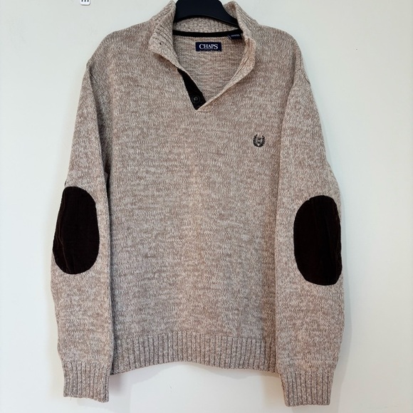 Chaps Other - Chaps Men Beige Brown Quarter Button Long Sleeve Elbow Patch Cotton Knit sweater